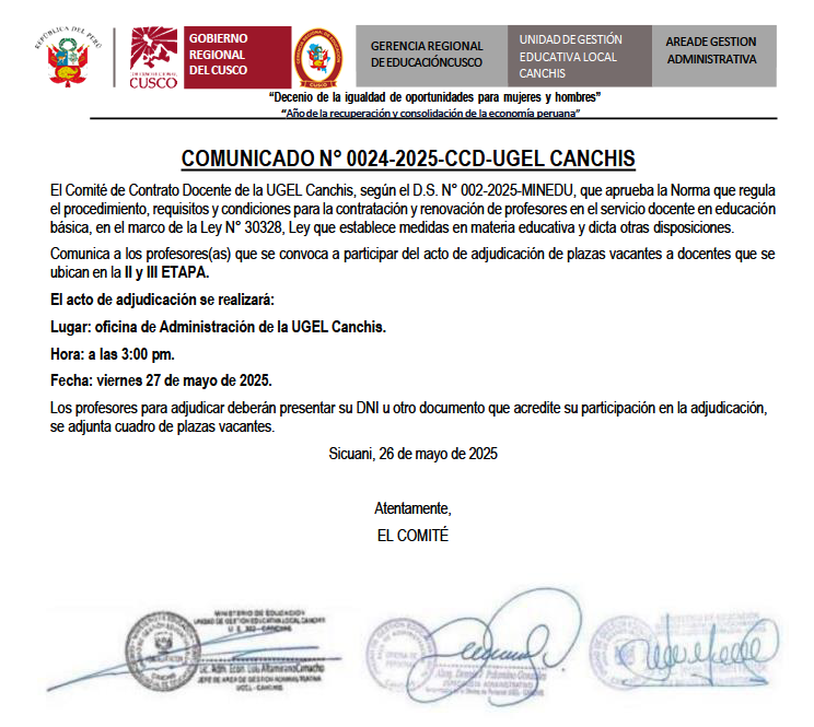 COMUNICADO N° 0024 - Contrato Docente de la UGEL Canchis