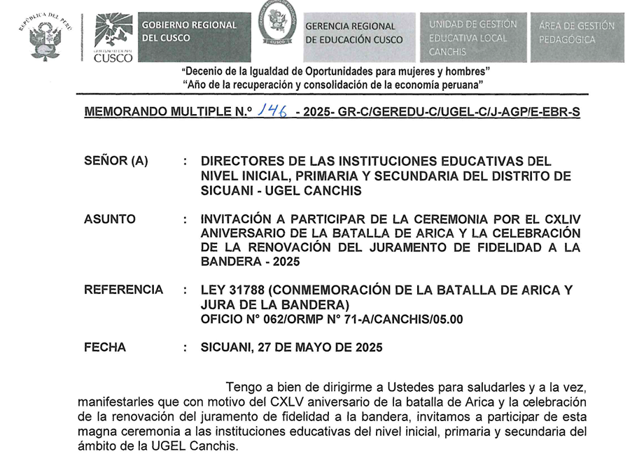 invitación a participar de la ceremonia por el CXLIV aniversario de la batalla de Arica y la celebración de la renovación del juramento de fidelidad a la bandera - 2025