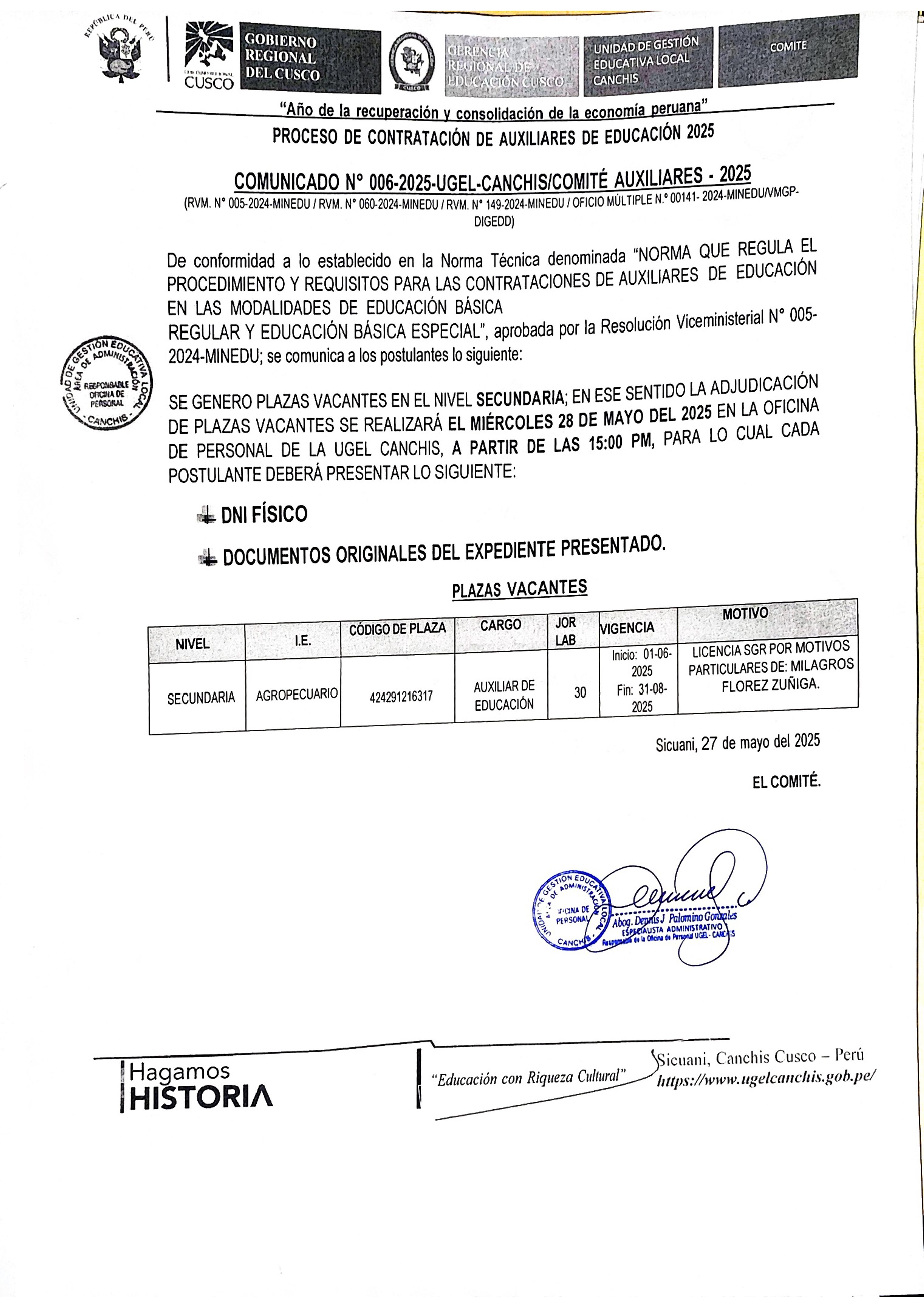 Comunicado N° 006 - PROCESO DE CONTRATACIÓN DE AUXILIARES DE EDUCACIÓN 2025