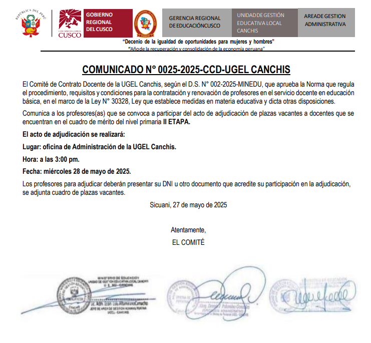 COMUNICADO N° 0025 - Contrato Docente de la UGEL Canchis