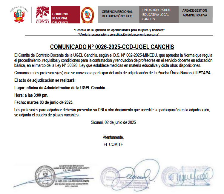 COMUNICADO N° 0026 - Contrato Docente de la UGEL Canchis