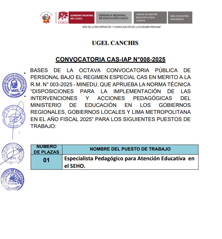 Convocatoria CAS-IAP N°008-2025 - Especialista Pedagógico para Atención Educativa en el SEHO.