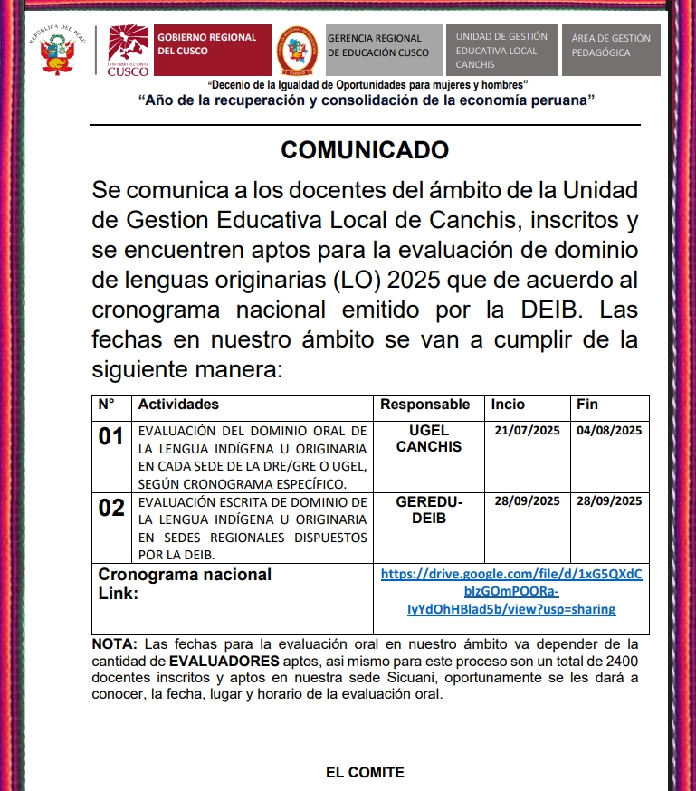 COMUNICADO - evaluación de dominio de lenguas originarias (LO) 2025