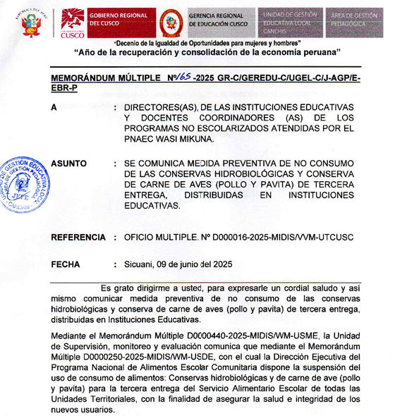Se comunica medida preventiva de no consumo de las conservas hidrobiológicas y conserva de carne de aves (pollo y pavita) de tercera entrega, distribuidas en instituciones educativas.