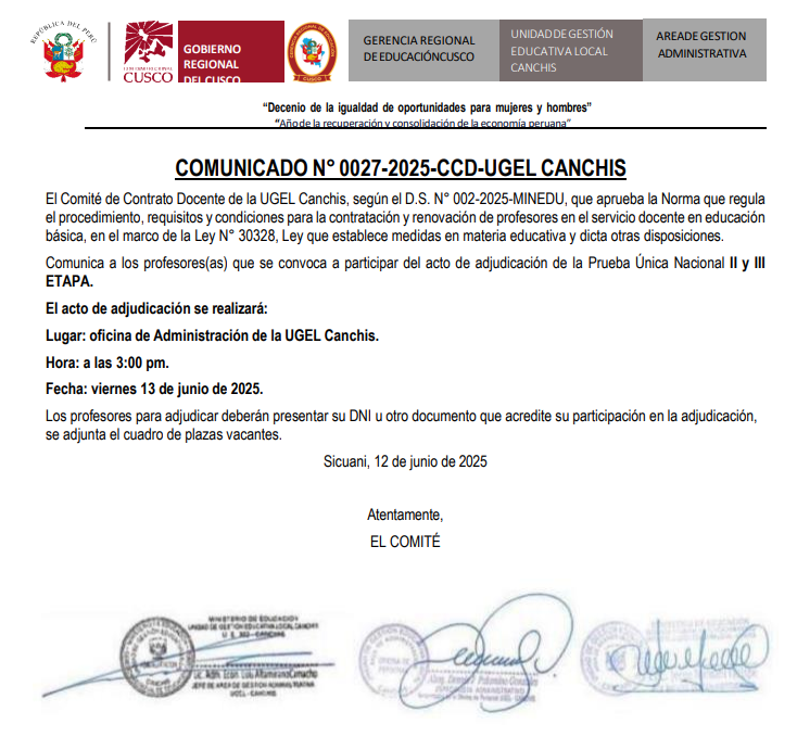 COMUNICADO N° 0027 - Contrato Docente de la UGEL Canchis