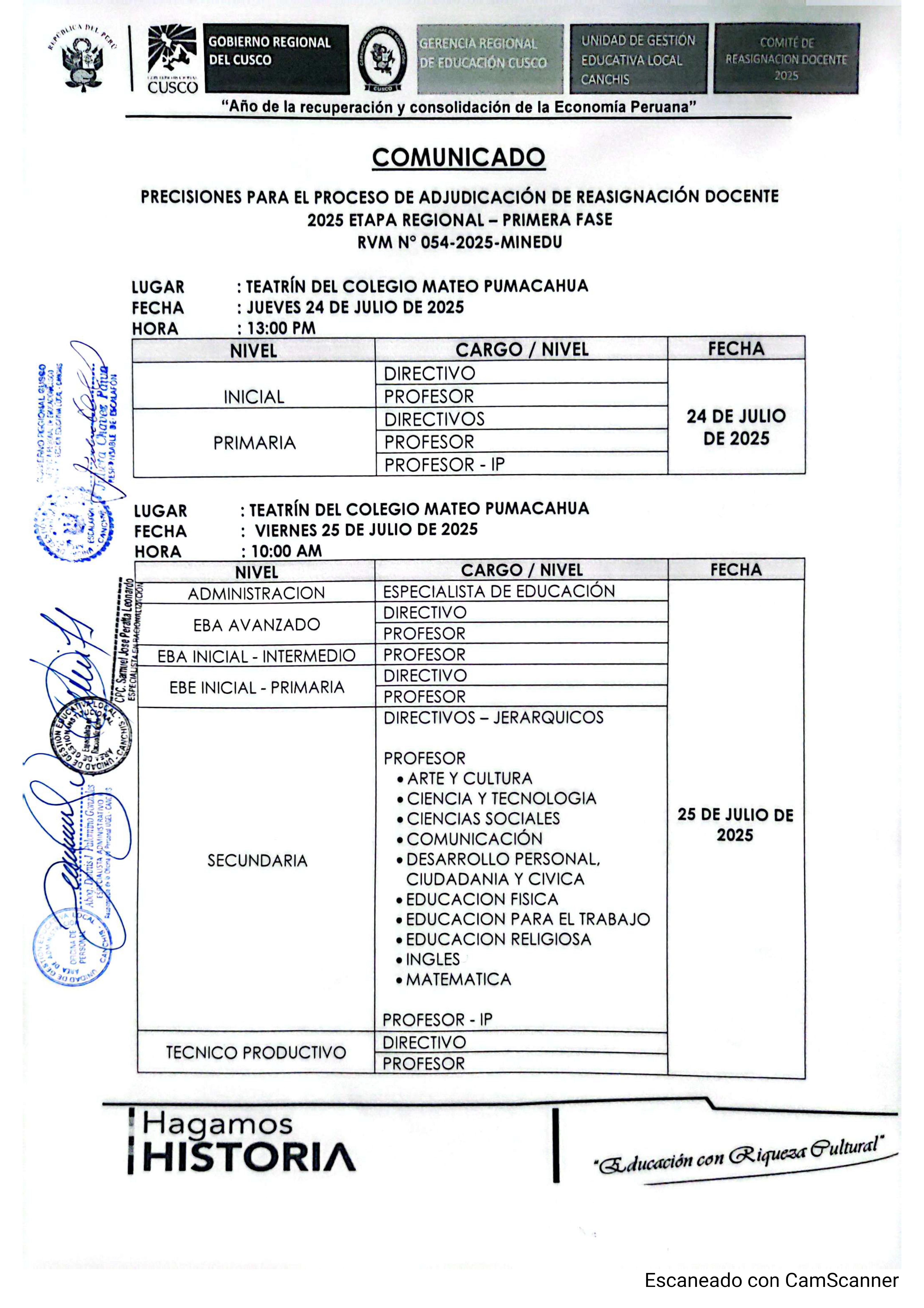 Comunicado - PRECISIONES PARA EL PROCESO DE ADJUDICACIÓN DE REASIGNACIÓN DOCENTE 2025 ETAPA REGIONAL - PRIMERA FASE RVM N° 054-2025-MINEDU