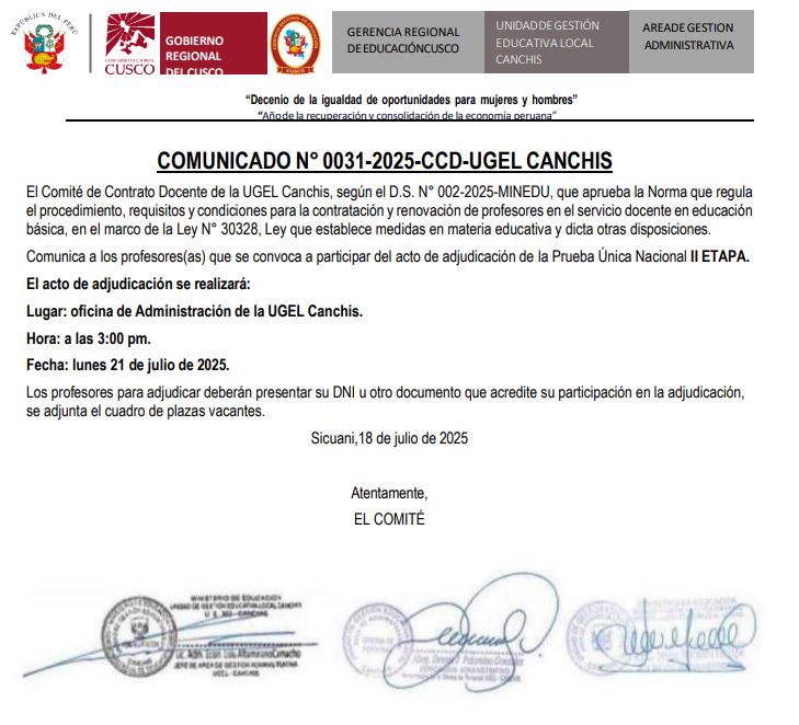 COMUNICADO N° 0031-2025-CCD-UGEL CANCHIS - Contrato Docente de la UGEL Canchis