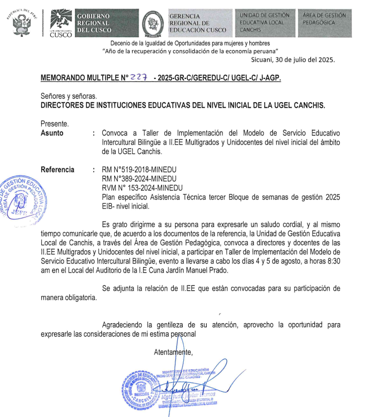 Convoca a Taller de Implementación del Modelo de Servicio Educativo Intercultural Bilingüe a II.EE Multigrados y Unidocentes del nivel inicial del ámbito de la UGEL Canchis.