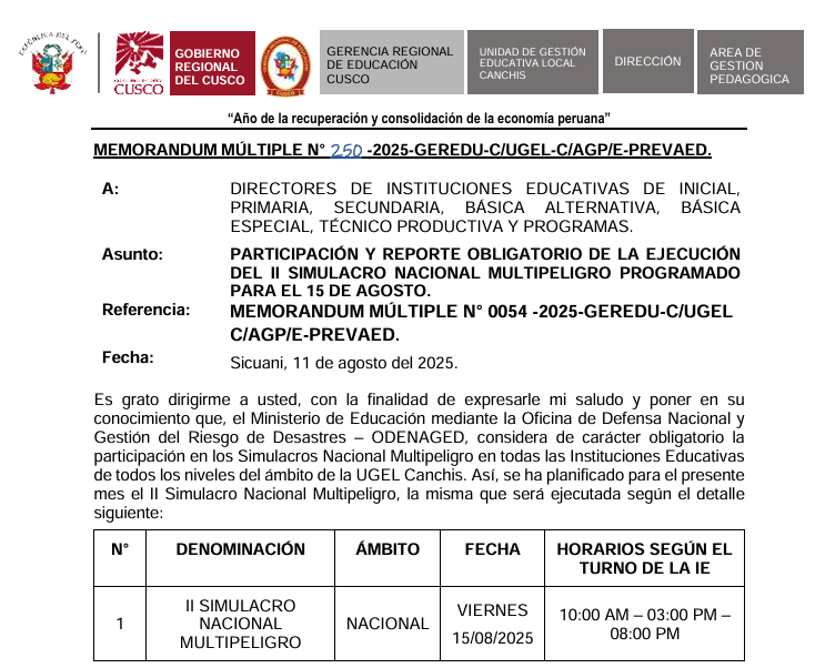 Participación y reporte obligatorio de la ejecución del ii simulacro nacional multipeligro programado para el 15 de agosto.