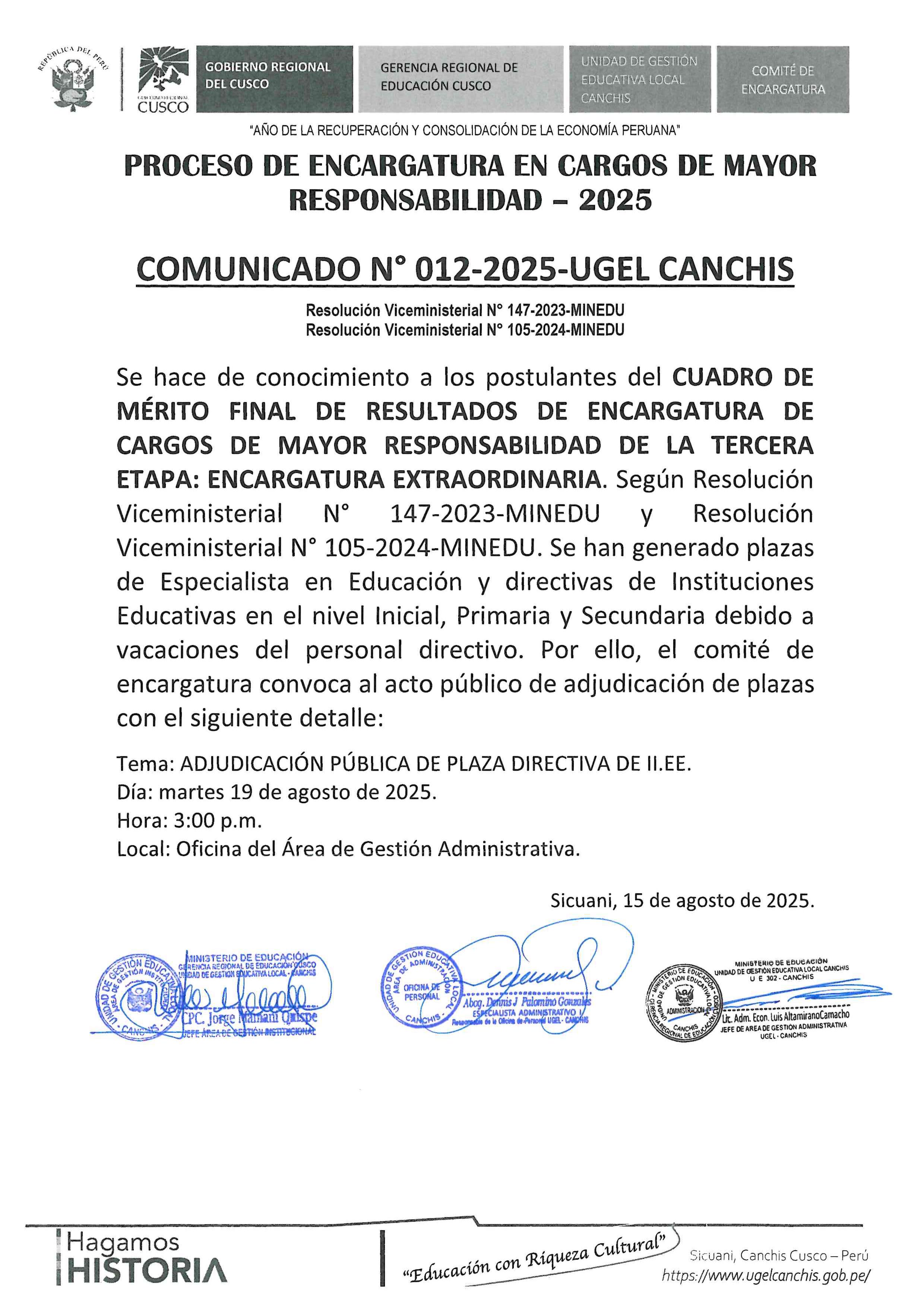 Comunicado N° 012-2025 - PROCESO DE ENCARGATURA EN CARGOS DE MAYOR RESPONSABILIDAD - 2025
