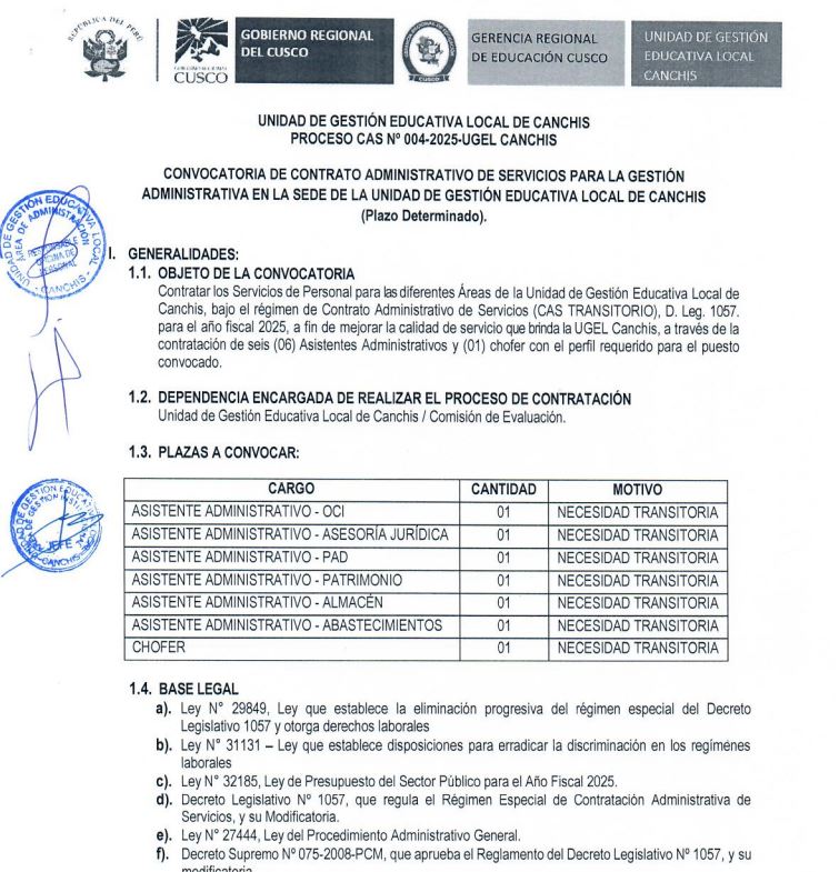 CONVOCATORIA DE CONTRATO ADMINISTRATIVO DE SERVICIOS PARA LA GESTIÓN ADMINISTRATIVA EN LA SEDE DE LA UNIDAD DE GESTIÓN EDUCATIVA LOCAL DE CANCHIS (Plazo Determinado).