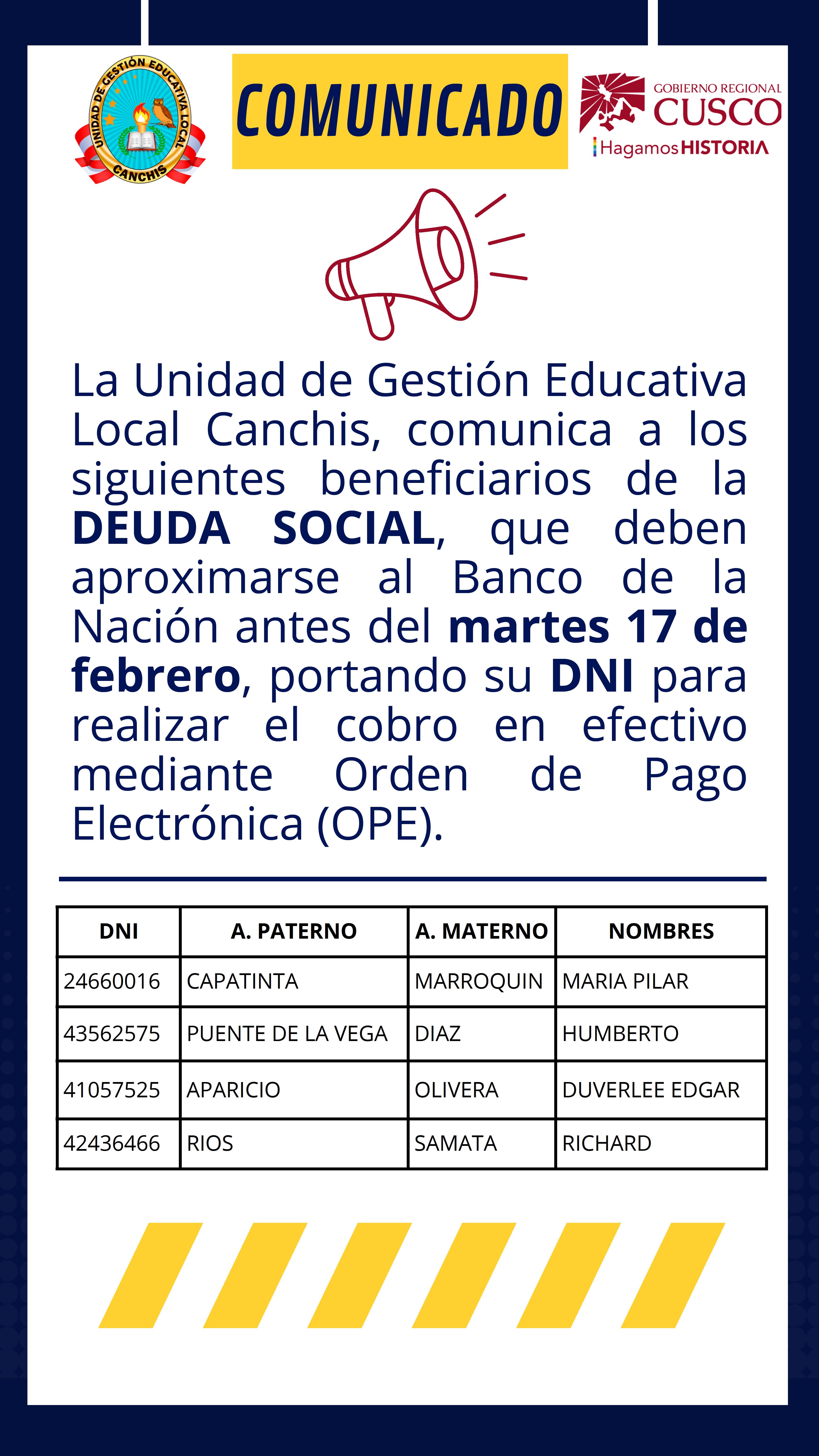 Comunica a los siguientes beneficiarios de la DEUDA SOCIAL