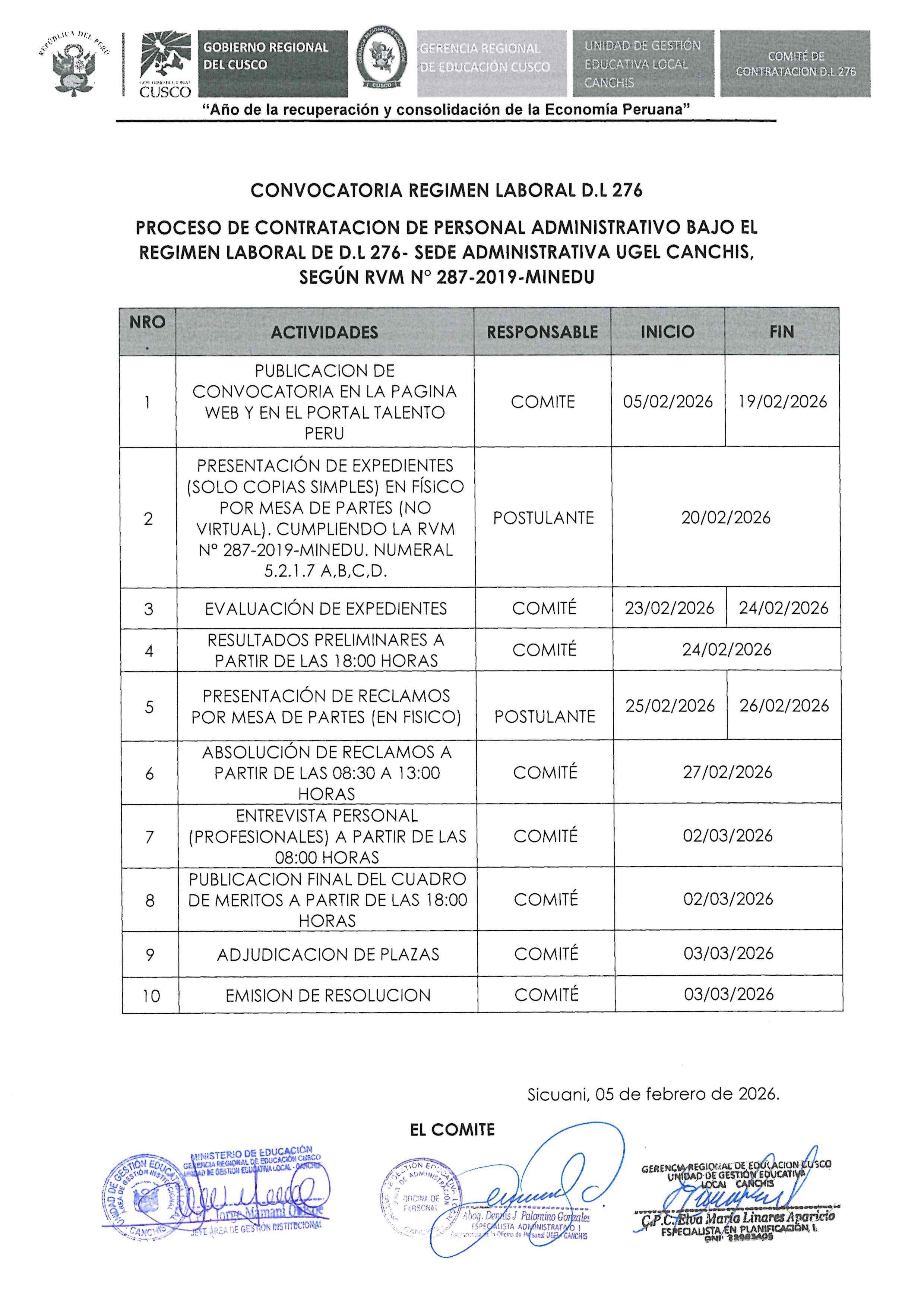 CONVOCATORIA REGIMEN LABORAL D.L 276