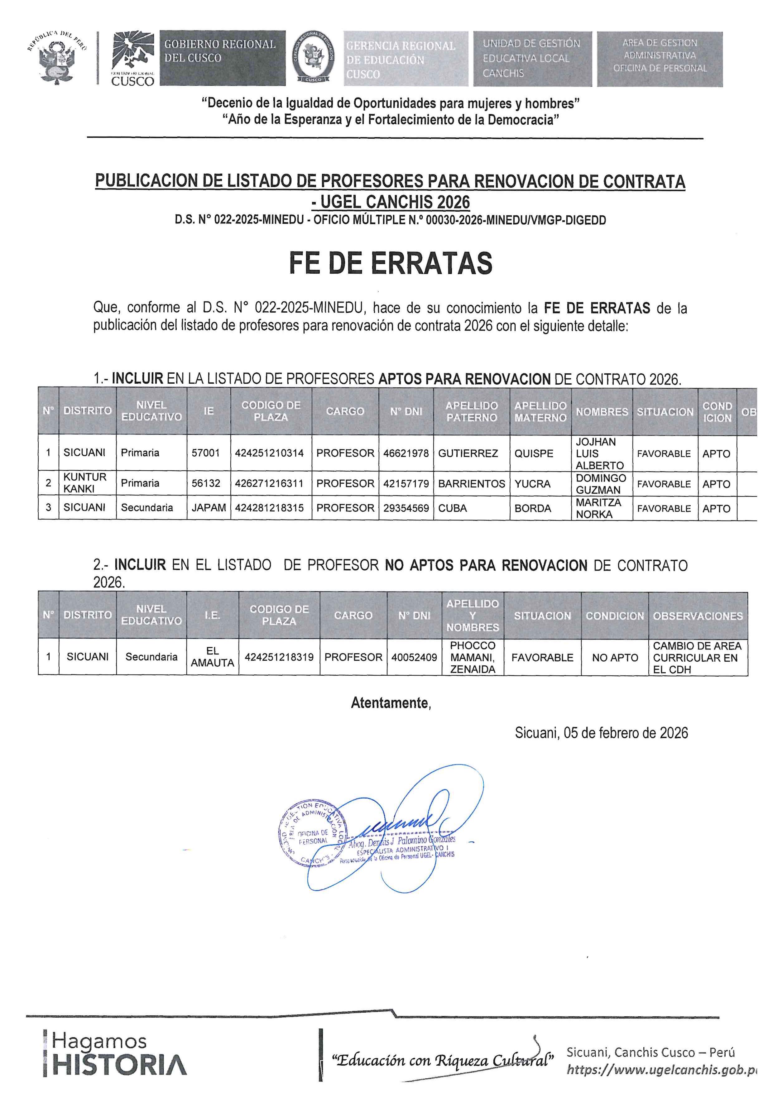 FE DE ERRATAS - PUBLICACION DE LISTADO DE PROFESoRES PARA RENOVACION DE CONTRATA - UGEL CANCHIS 2026