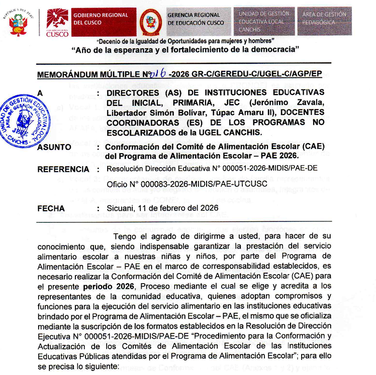Conformación del Comité de Alimentación Escolar (CAE) del Programa de Alimentación Escolar — PAE 2026.