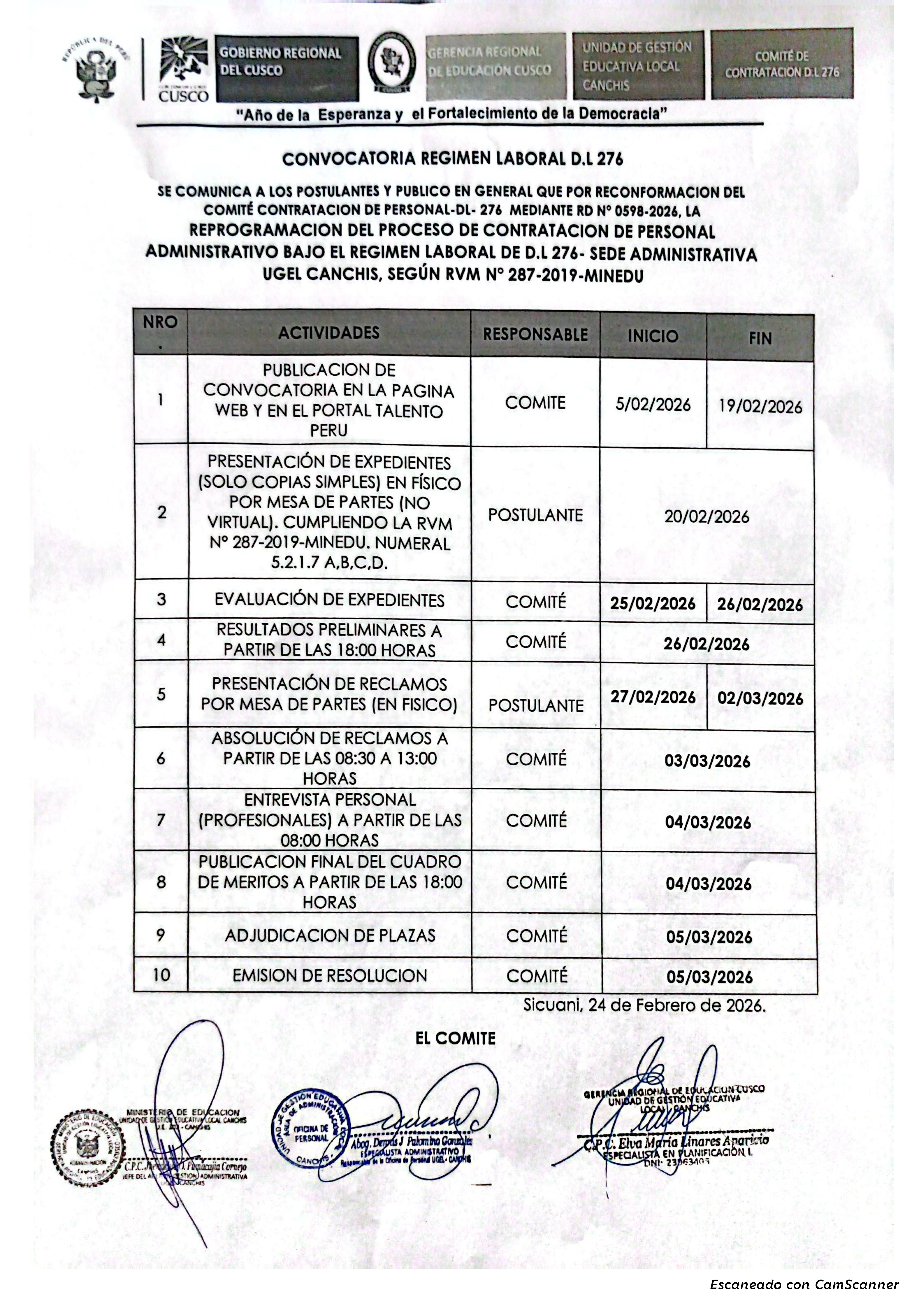 COMUNICADO - CONVOCATORIA REGIMEN LABORAL D.L 276