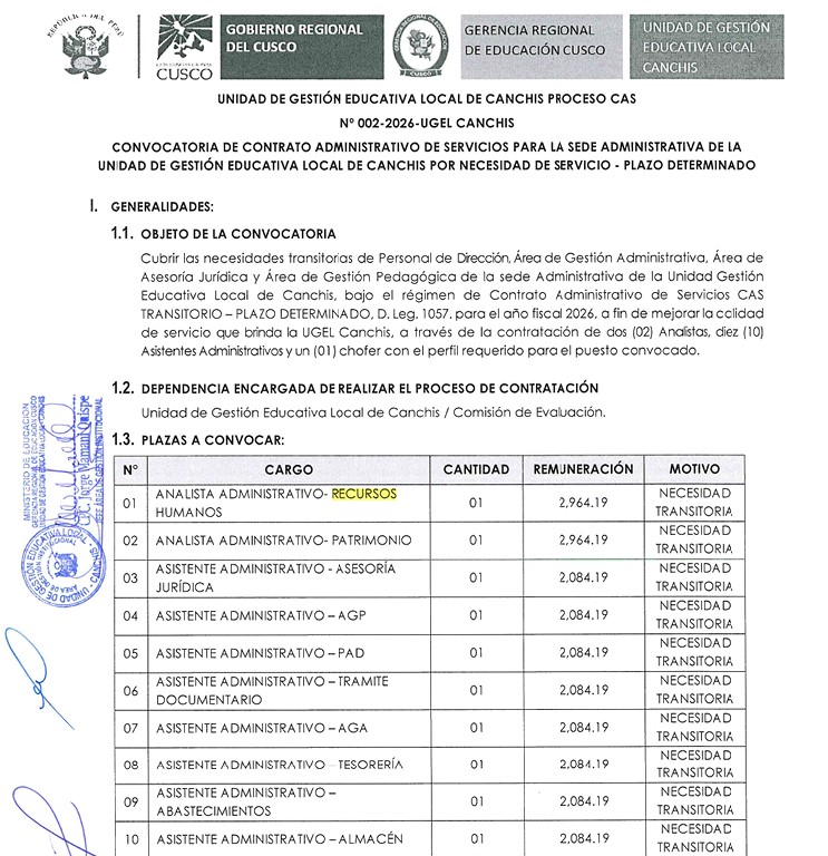 PROCESO CAS N° 002-2026-UGEL CANCHIS