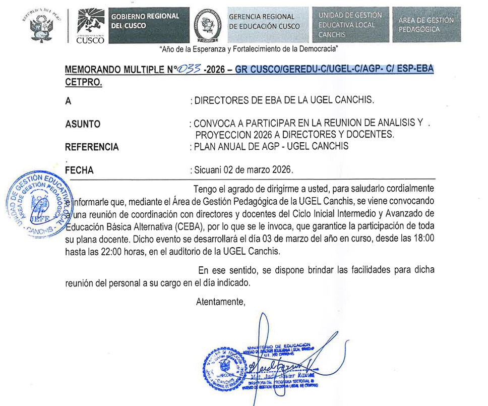 CONVOCA A PARTICIPAR EN LA REUNION DE ANALISIS Y . PROYECCION 2026 A DIRECTORES Y DOCENTES.