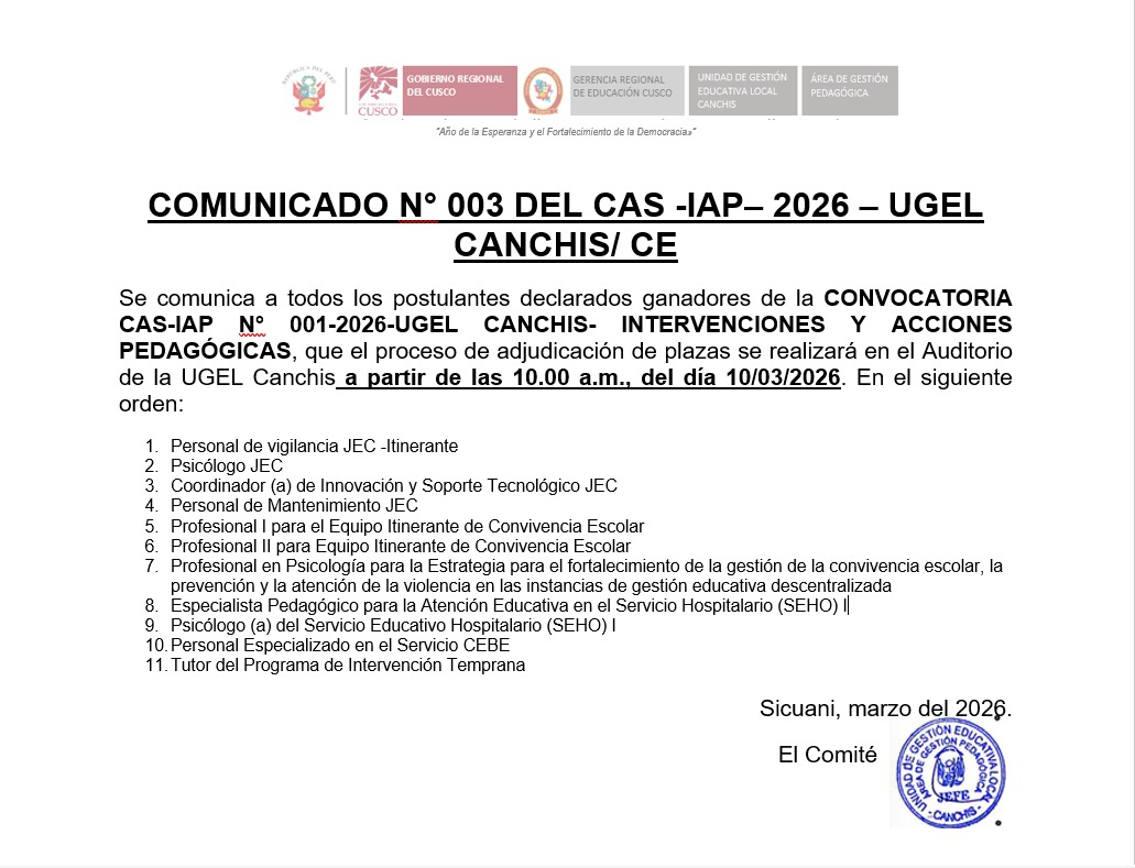 Comunicado N° 003 DEL CAS -IAP- 2026 - UGEL CANCHIS/ CE