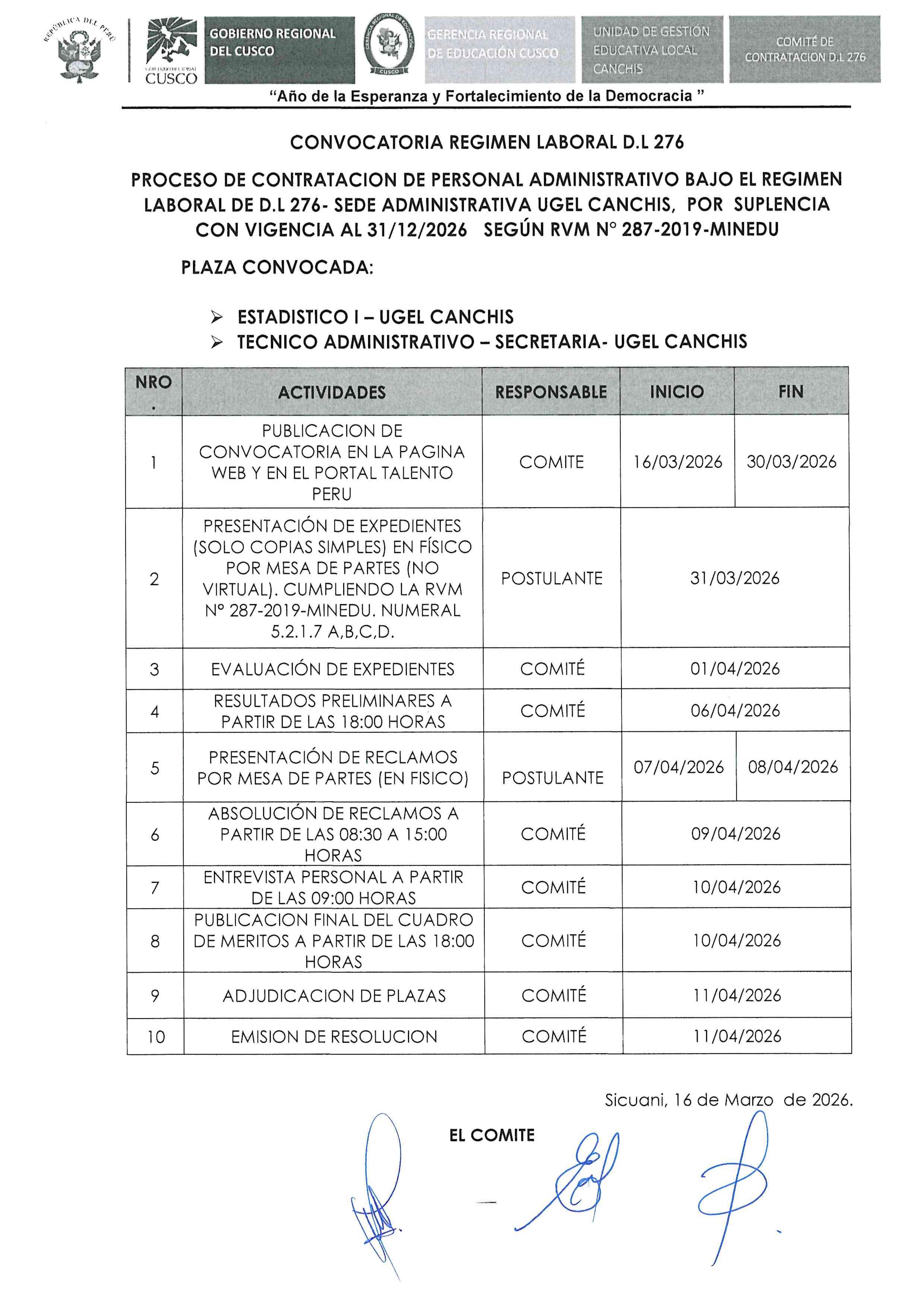 Convocatoria REGIMEN LABORAL D.L 276