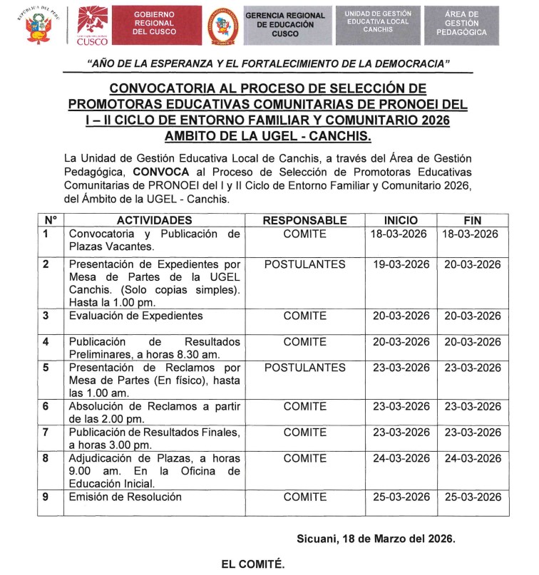 Convocatoria - PROCESO DE SELECCIÓN DE PROMOTORAS EDUCATIVAS COMUNITARIAS DE PRONOEI DEL I - II CICLO DE ENTORNO FAMILIAR Y COMUNITARIO 2026 AMBITO DE LA UGEL - CANCHIS.