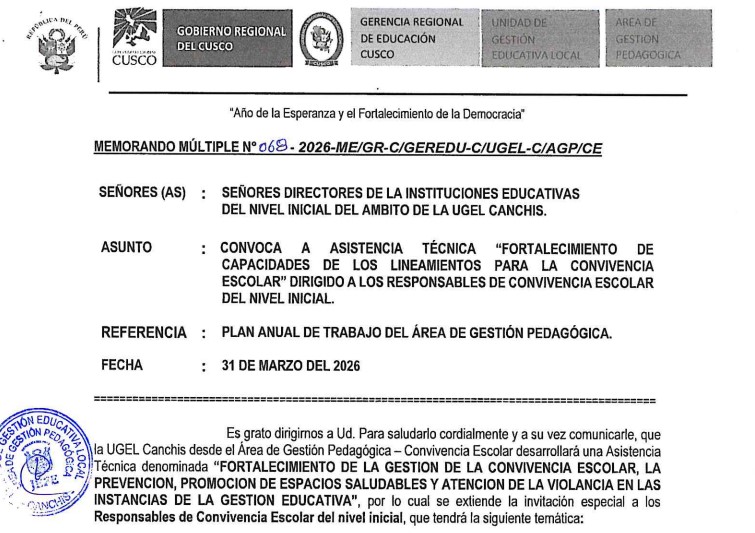 CONVOCA A ASISTENCIA TÉCNICA “FORTALECIMIENTO DE CAPACIDADES DE LOS LINEAMIENTOS PARA LA CONVIVENCIA ESCOLAR” DIRIGIDO A LOS RESPONSABLES DE CONViVENCIA ESCOLAR DEL NIVEL INICIAL.