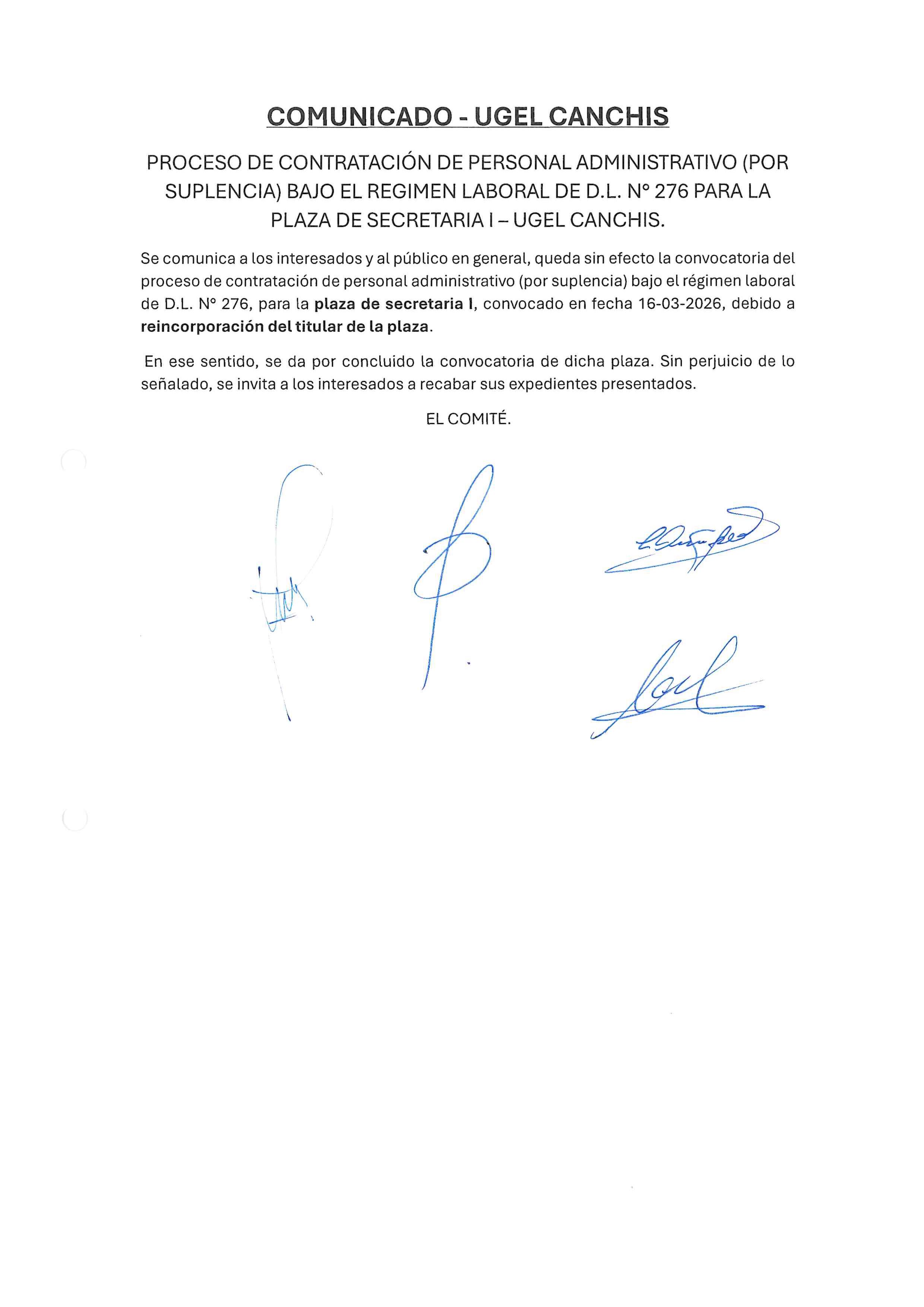 Comunicado -REGIMEN LABORAL DE D.L. N° 276
