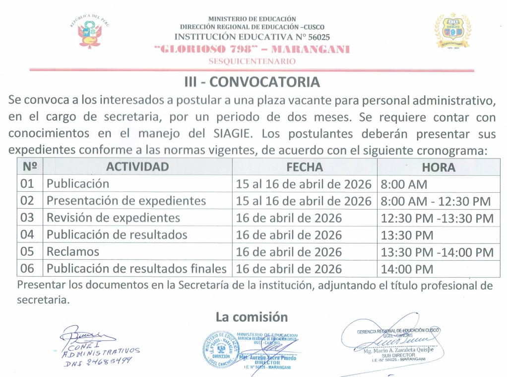 III - CONVOCATORIA personal administrativo - GLORIOSO 798 - MARANGANI