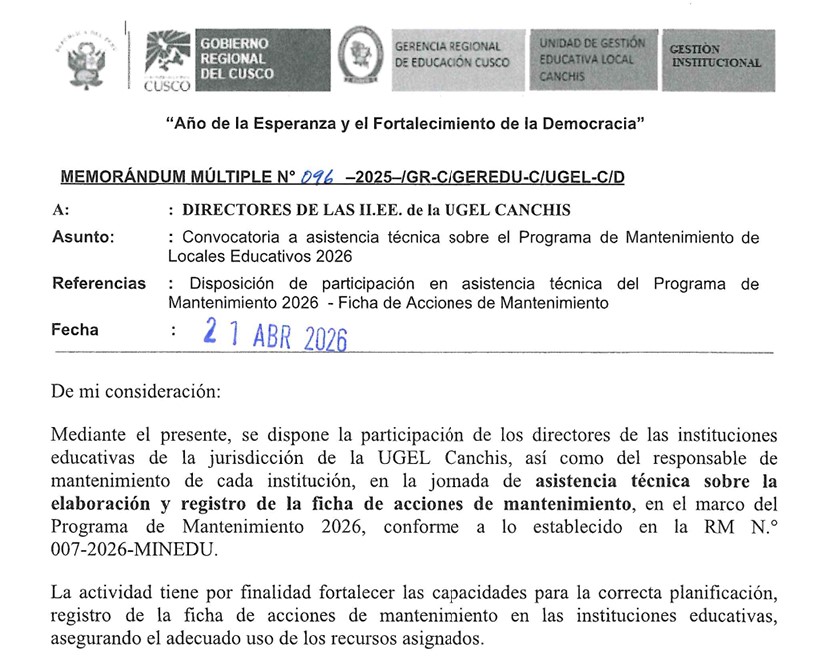 Disposición de participación en asistencia técnica del Programa de Mantenimiento 2026 - Ficha de Acciones de Mantenimiento