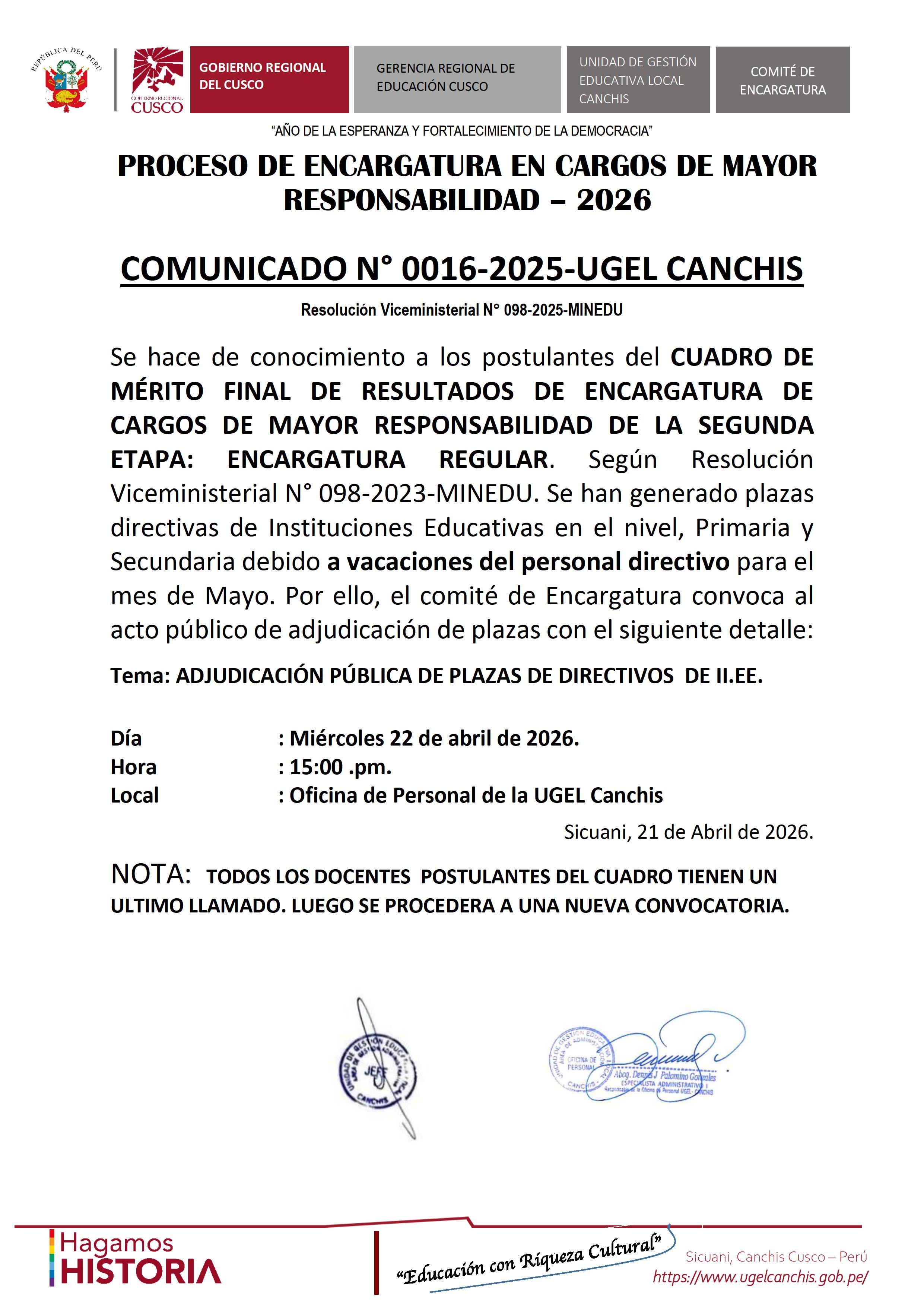 PROCESO DE ENCARGATURA EN CARGOS DE MAYOR RESPONSABILIDAD – 2026 COMUNICADO N° 0016-2025-UGEL CANCHIS Resolución Viceministerial N° 098-2025-MINEDU