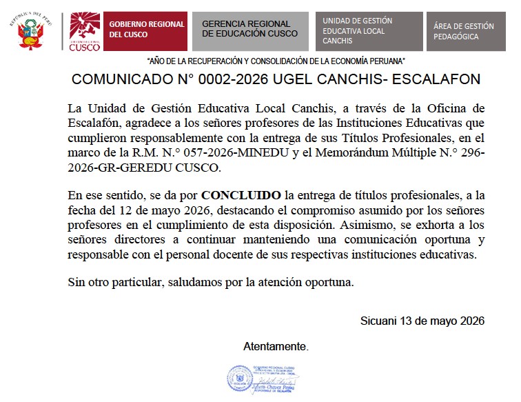 Comunicado N° 0002-2026 UGEL CANCHIS- ESCALAFON