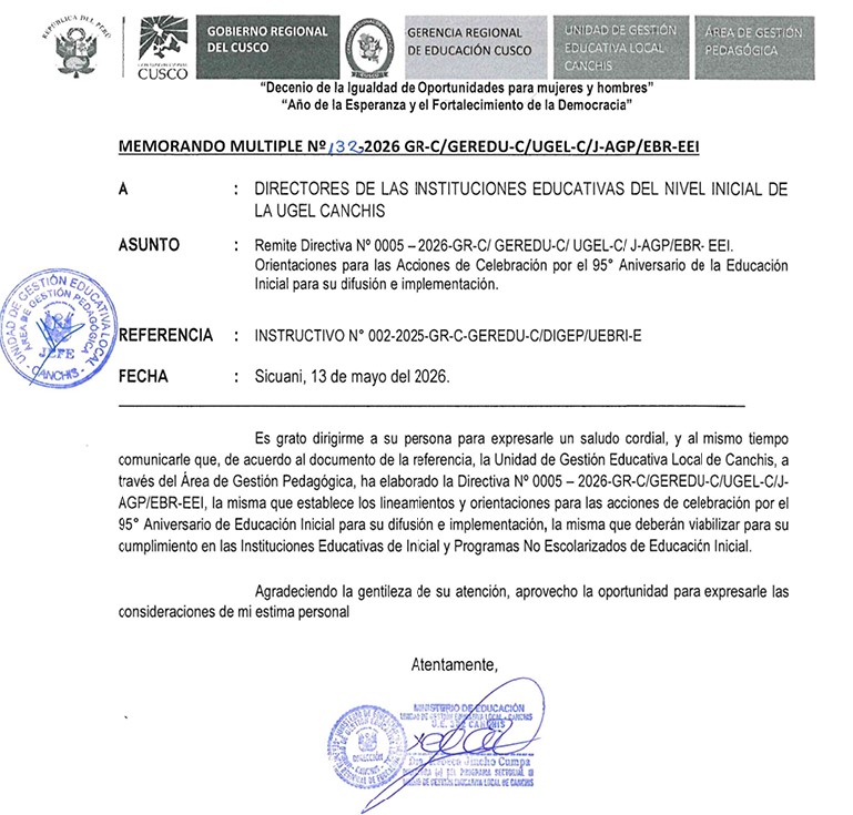 Remite Directiva N° 0005 - 2026-GR-C/ GEREDU-C/ UGEL-C/ J-AGP/EBR- EEI. Orientaciones para las Acciones de Celebración por el 95° Aniversario de la Educación Inicial para su difusión e implementación.