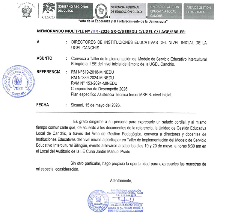 Convoca a Taller de Implementación del Modelo de Servicio Educativo Intercultural Bilingüe a II.EE del nivel inicial del ámbito de la UGEL Canchis.