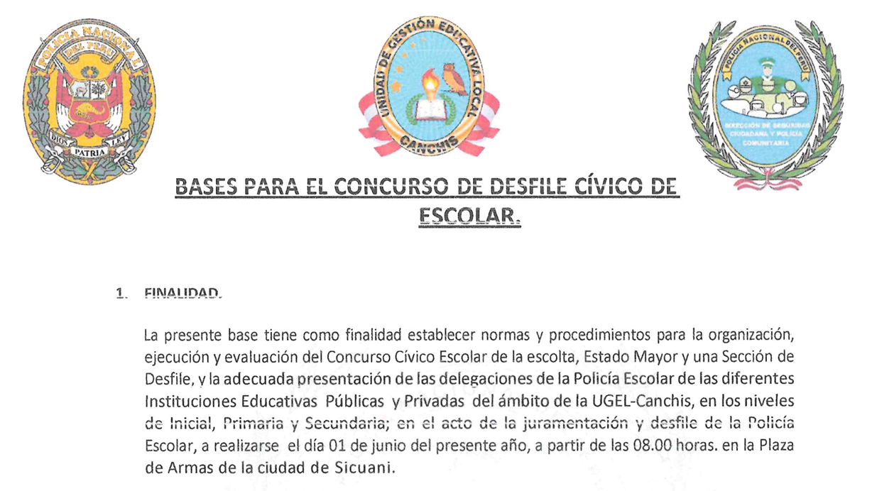 CONVOCATORIA A JURAMENTACIÓN EXTERNA DE LA POLICIA ESCOLAR Y REMISIÓN DE BASES DEL CONCURSO DE DESFILE