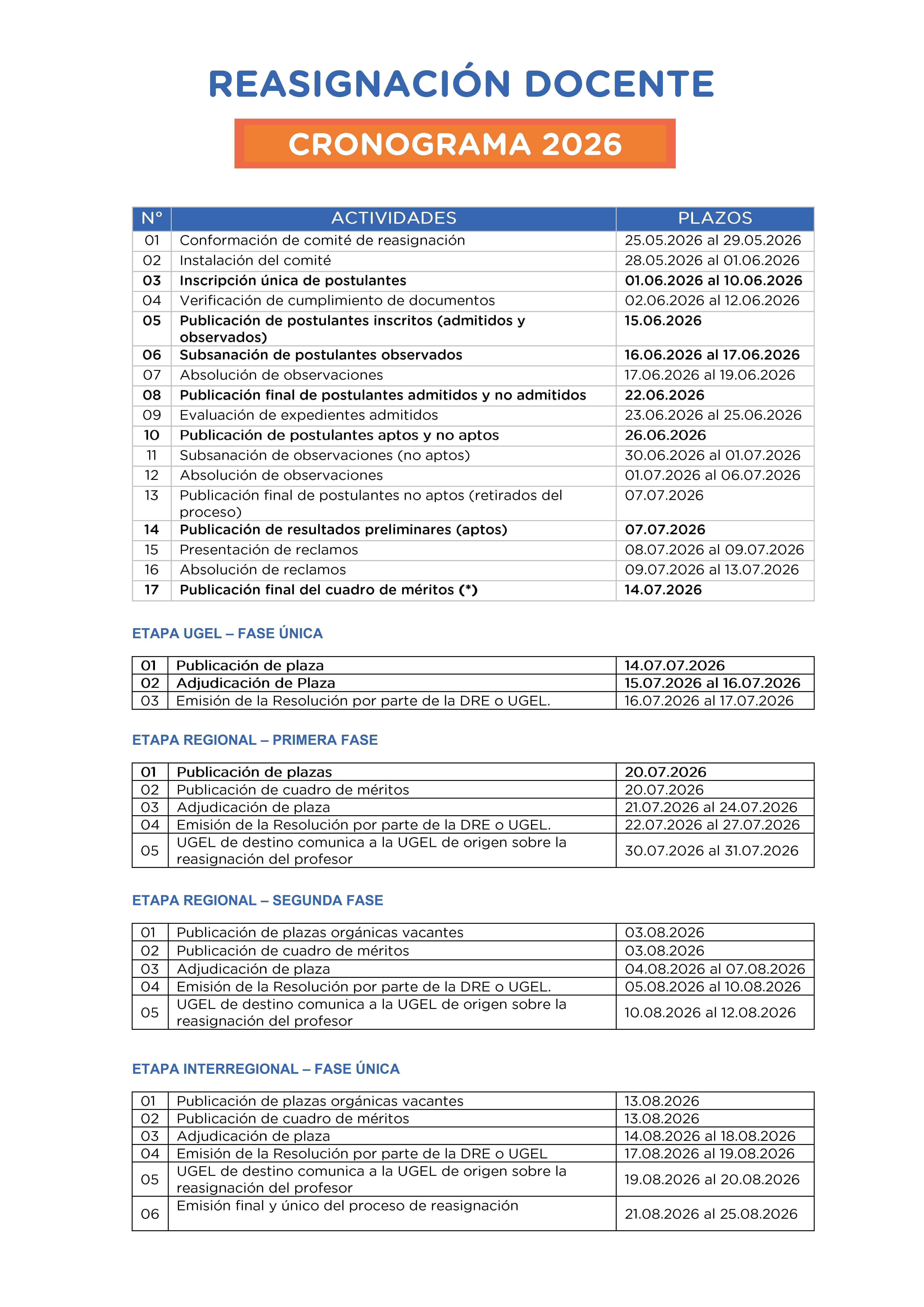 REASIGNACIÓN DOCENTE CRONOGRAMA 2026