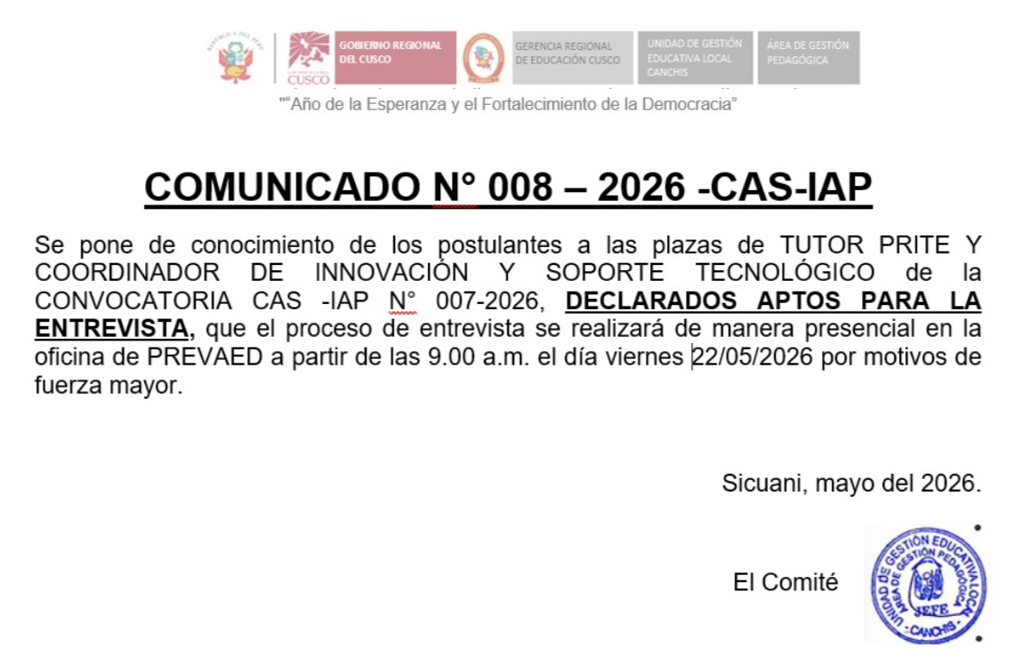 Comunicado N° 008 - 2026 -CAS-IAP
