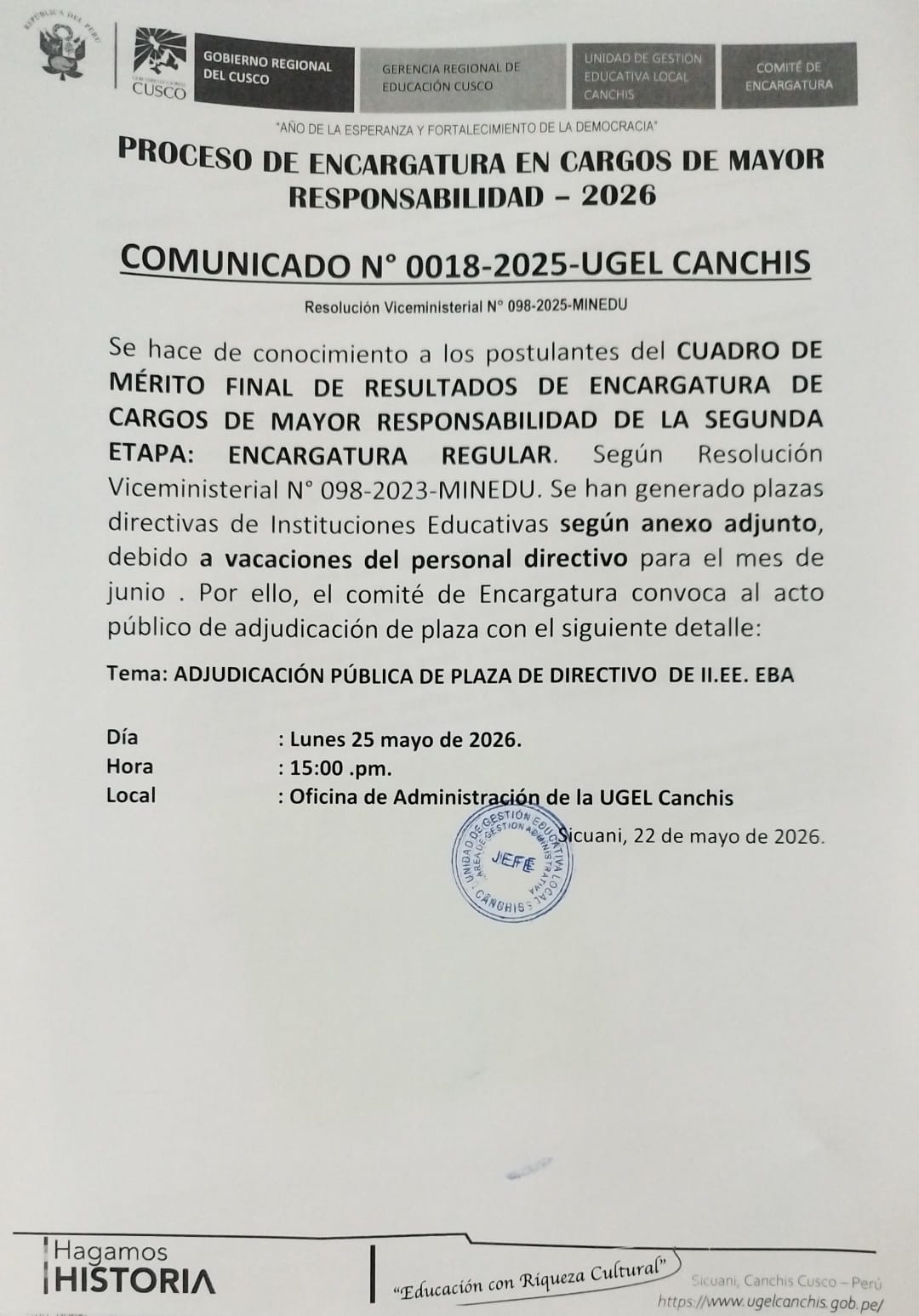 Comunicado N° 018 - 2026 - PROCESO DE ENCARGATURA EN CARGOS DE MAYOR RESPONSABILIDAD