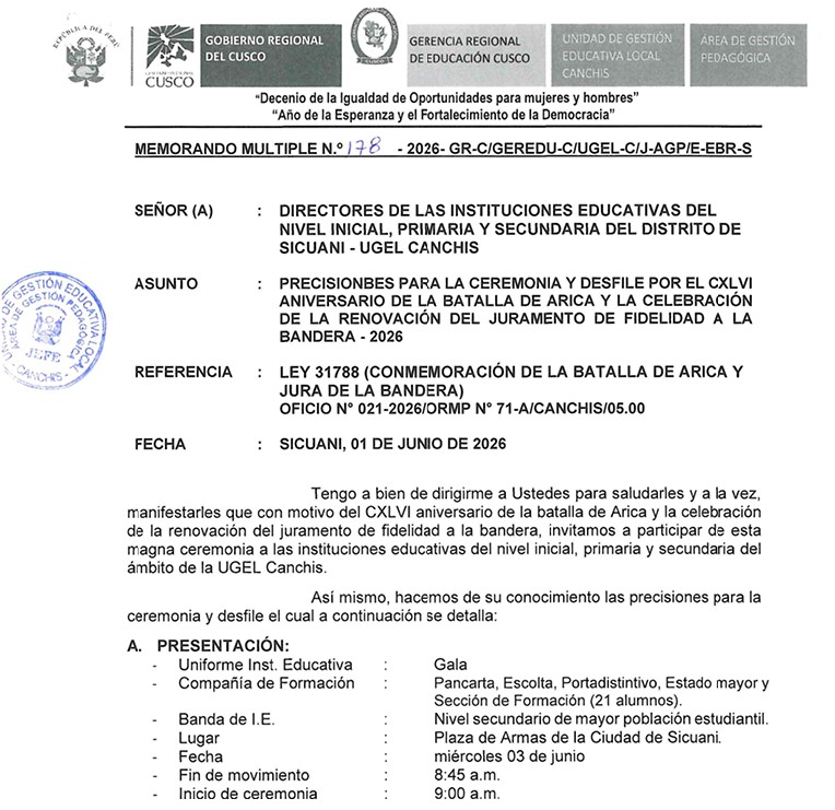 PRECISIONBES PARA LA CEREMONIA Y DESFILE POR EL CXLVI ANIVERSARIO DE LA BATALLA DE ARICA Y LA CELEBRACIÓN DE LA RENOVACIÓN DEL JURAMENTO DE FIDELIDAD A LA BANDERA - 2026