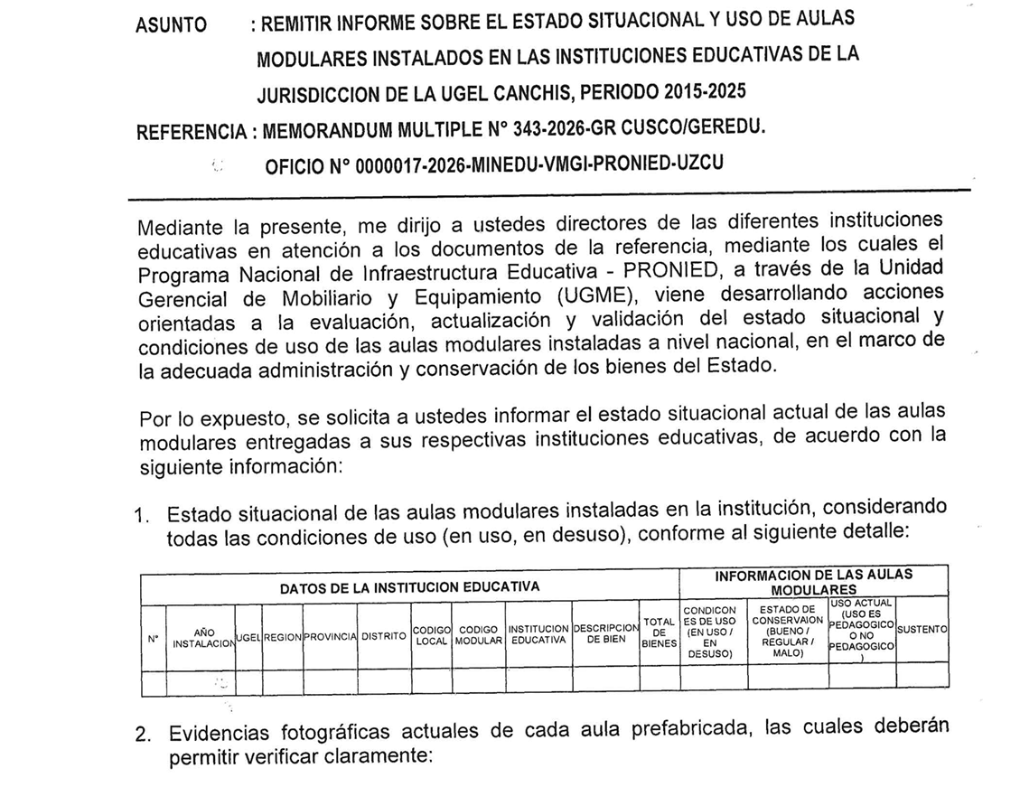 REMITIR INFORME SOBRE EL ESTADO SITUACIONAL Y USO DE AULAS MODULARES INSTALADOS EN LAS INSTITUCIONES EDUCATIVAS DE LA JURISDiCCION DE LA UGEL CANCHIS, PERIODO 2015-2025