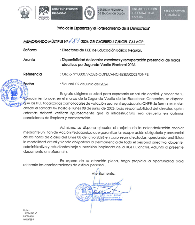 Disponibilidad de locales escolares y recuperación presencial de horas efectivas por Segunda Vuelta electoral 2026.