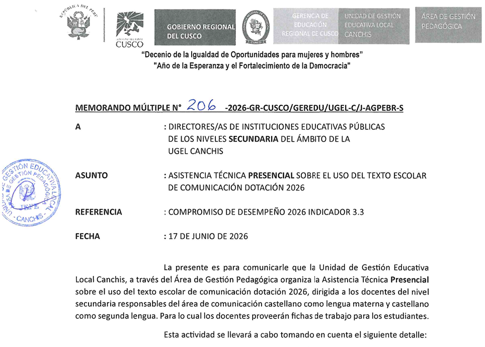 ASISTENCIA TÉCNICA PRESENCIAL SOBRE EL USO DEL TEXTO ESCOLAR DE COMUNiCACIÓN DOTACIÓN 2026