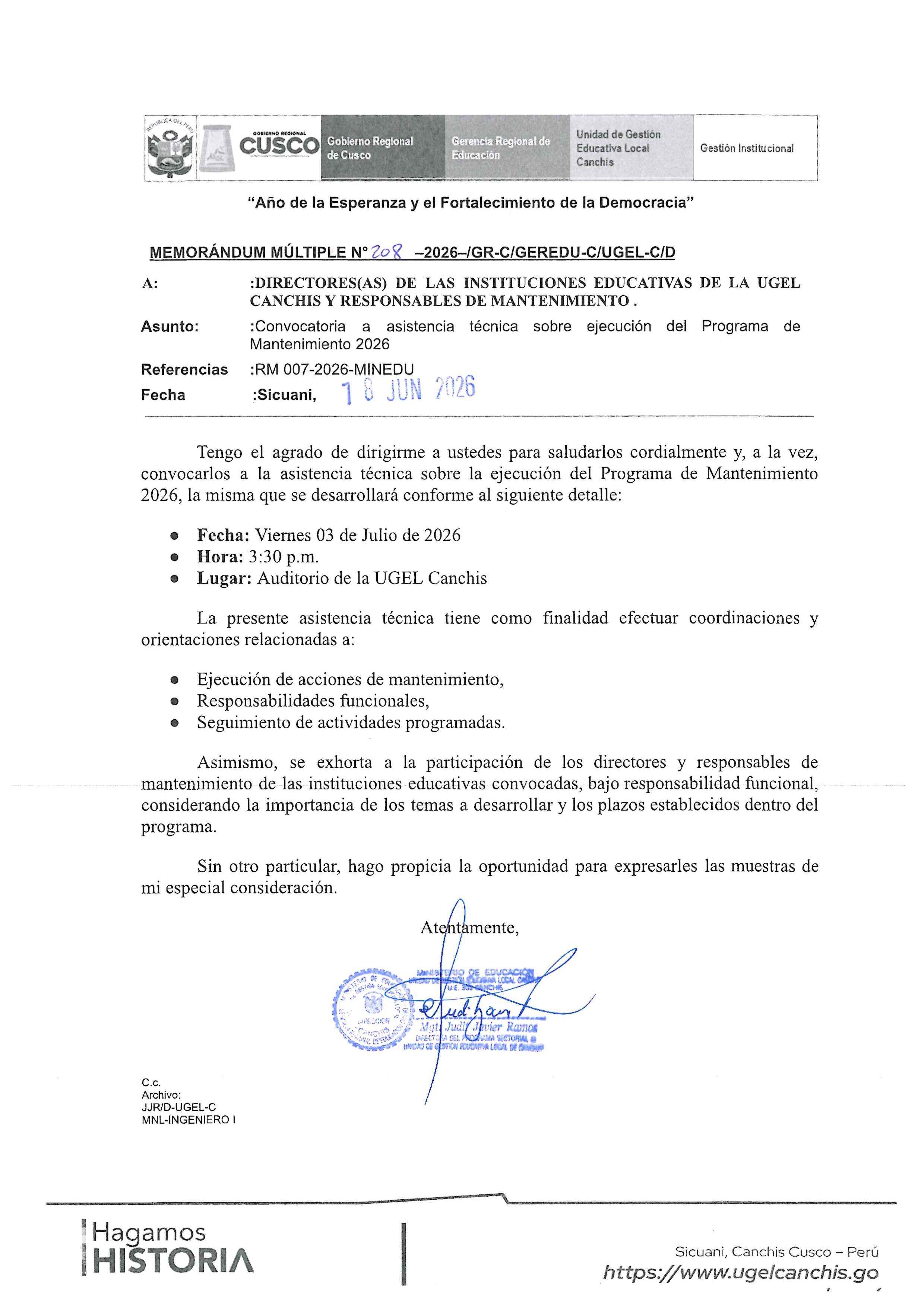 Convocatoria a asistencia técnica sobre ejecución del Programa de Mantenimiento 2026