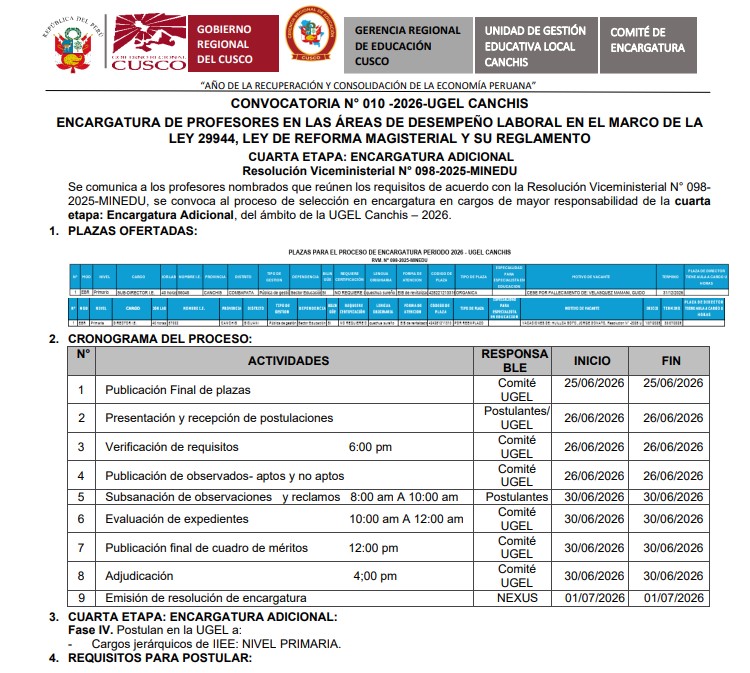 Convocatoria N° 010 -2026-UGEL CANCHIS ENCARGATURA DE PROFESORES EN LAS ÁREAS DE DESEMPEÑO LABORAL EN EL MARCO DE LA LEY 29944, LEY DE REFORMA MAGISTERIAL Y SU REGLAMENTO