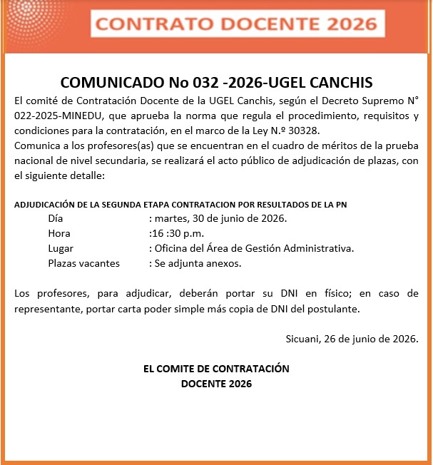 COMUNICADO N° 032 -2026-UGEL CANCHIS Contratación Docente de la UGEL Canchis