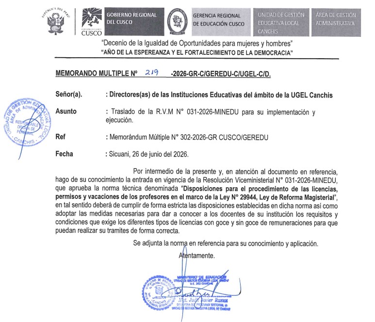 Traslado de la R.V.M NO 031-2026-MINEDU para su implementación y ejecución.