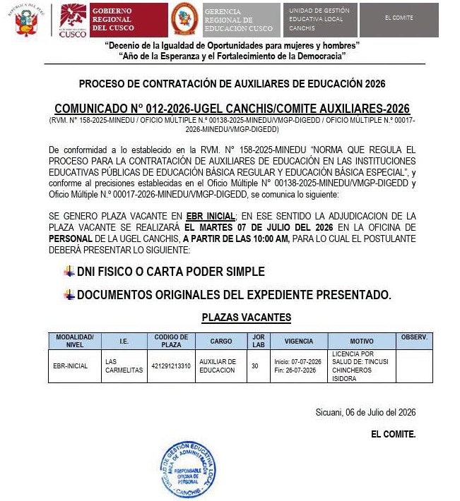 Comunicado N° 012-2026-UGEL CANCHIS/COMITE AUXILIARES-2026