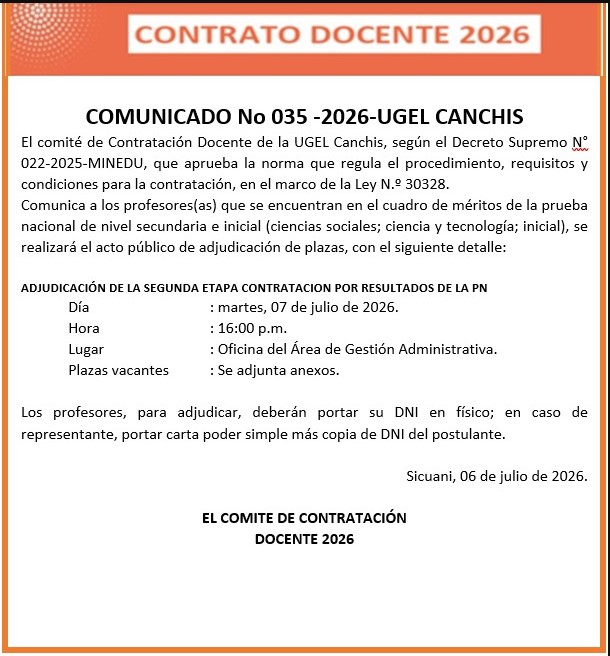 COMUNICADO N° 035 -2026-UGEL CANCHIS Contratación Docente de la UGEL Canchis