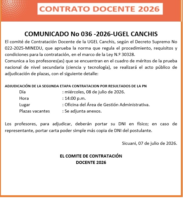 Comunicado N° 036 -2026-UGEL CANCHIS Contratación Docente de la UGEL Canchis