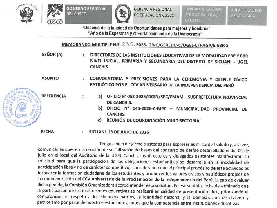 CONVOCATORIA Y PRECISIONES PARA LA CEREMONIA Y DESFILE cívico PATRIÓTICO POR EL CCV ANIVERSARIO DE LA INDEPENDENCIA DEL PERÚ