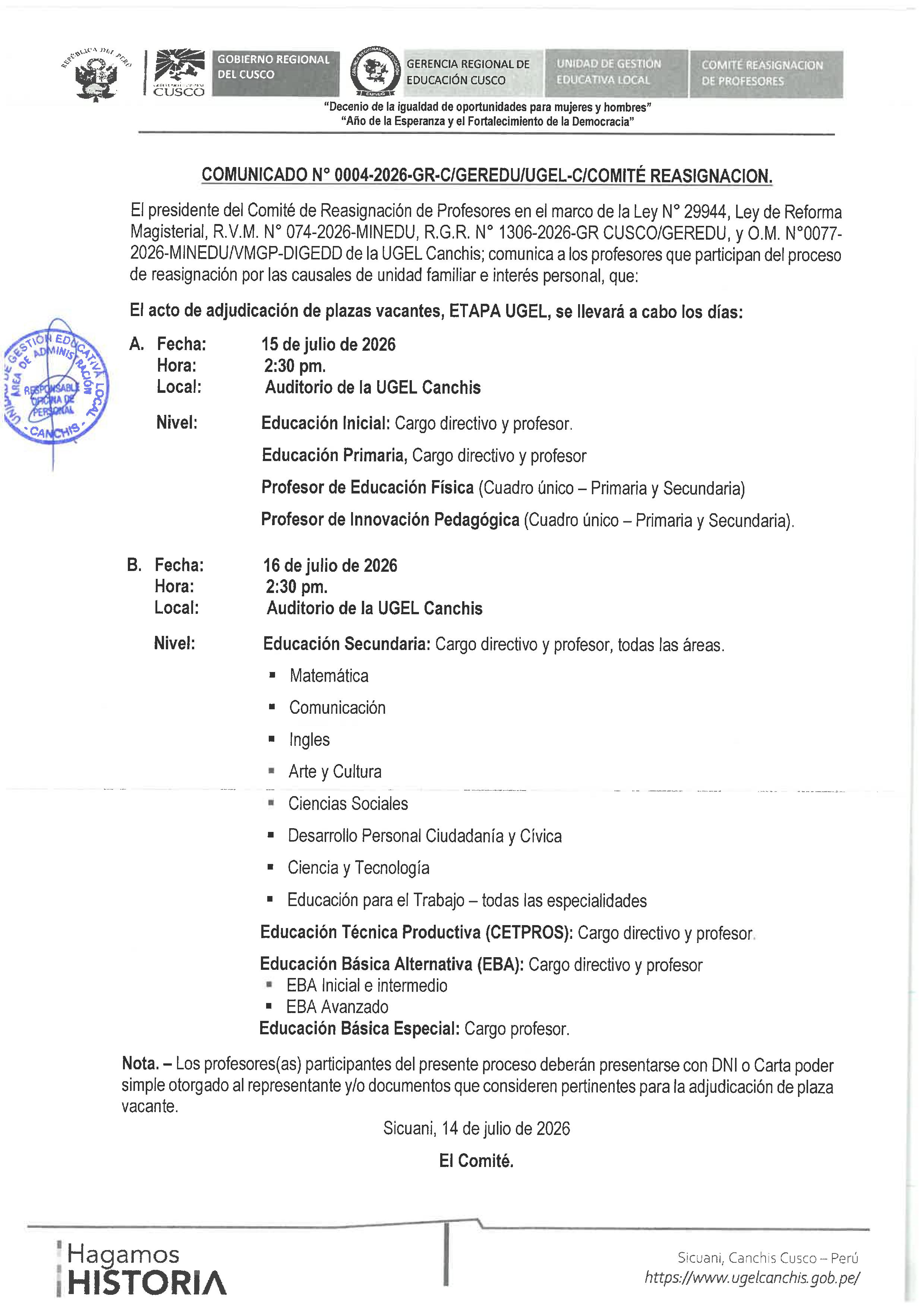 Publicación de PLAZAS PARA EL PROCESO DE REASIGNACIÓN - GENERAL - 2026